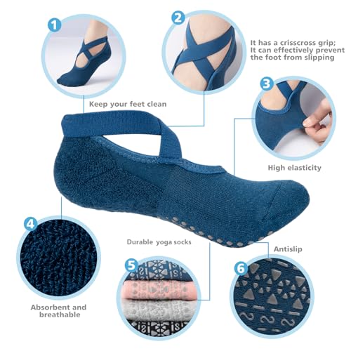 Yoga Socks for Women Non Slip Grip Socks - 3 Pairs Black Grey Pink