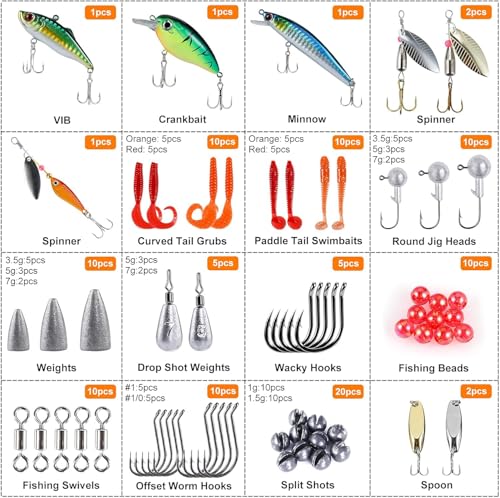 108PCS Fishing Tackle Box Kit with Lures, Hooks, Sinkers & Accessories