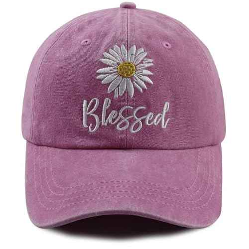 Embroidered Daisy Blessed Hat for Women Men, Adjustable Vintage Washed Cotton Christian Baseball Cap