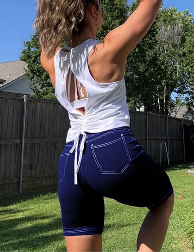High Waisted Yoga Biker Shorts with Pockets - 8 Inch Inseam, Navy Blue, XX-Large