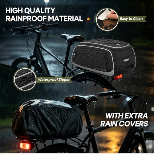 Rainsmore Expandable Bike Trunk Bag - 15L to 23L Black Bicycle Rear Rack Storage