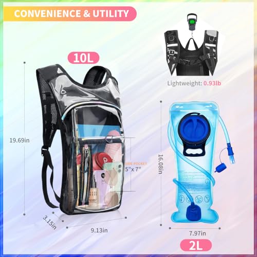 Clear Hydration Backpack with 2L Insulated Water Bladder for Raves Hiking Cycling