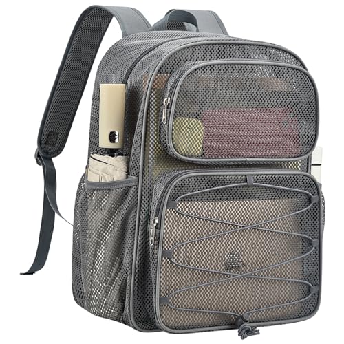 Grey 30L Heavy Duty Mesh Backpack Large Capacity Beach Bag