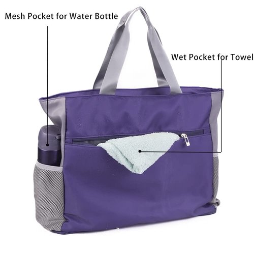 FATOLXX Pilates Yoga Tote Bag - Waterproof Hot Yoga Mat Holder Carrier for Women Fits Your All Stuff with Wet Pocket and Bottle Holder-Purple/Grey