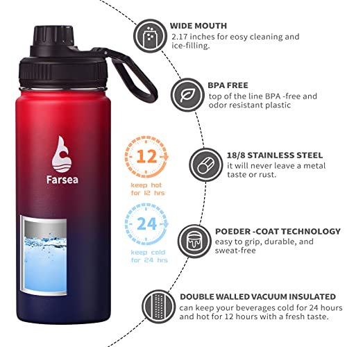 Farsea 18 oz Insulated Water Bottle with Paracord Handle & 2 Lids - Red/Navy