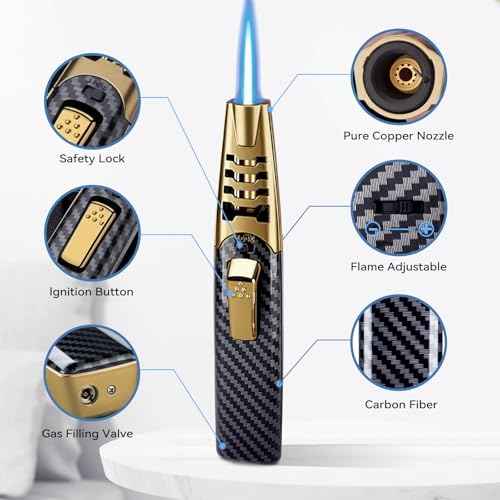 Torch Lighter, Windproof Adjustable Big Jet Flame Butane Torch, Refillable Gas Luxury Butane Lighter with Safety Lock for Candle Grill Camping Kitchen BBQ Cooking Soldering (Gas Not Included)