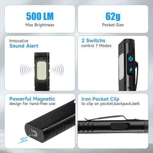 Rechargeable EDC Flashlight with Sound Beeper, Portable Flat Pocket Flashlights, Small Magnetic Flashlight, 7 Mode Side Light Clip On Handheld Flashlight for Outdoor Home Working, Black