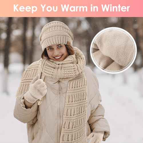 Women's Beanie Hat Gloves Set, Fleece Lined Winter Hat with Touchscreen Gloves for Cold Weather