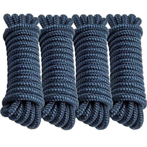 1/2" x 15' Dock Lines Set - Double Braided Marine Nylon with Loop, 4 Pack