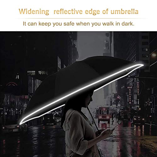 Large Windproof Inverted Umbrella with Reflective Stripe - Travel Folding Rain Sun Cover for Women Men - 46 Inch Black