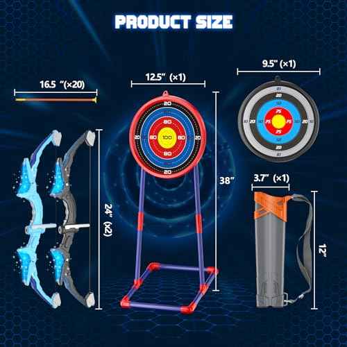 2 Pack Kids Bow and Arrow, 20 Suction Cup Arrows, 2 Archery Targets&Quiver, Light-up Set for 4 5 6 7 8 9 10 11 12 Year Old, Indoor Outdoor Toys for Ages 5-7 8-13 Boys Girls(Black & Blue)