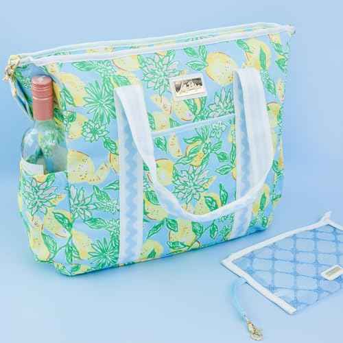 Lilly Pulitzer Yellow Picnic and Beach Cooler, Insulated Bag with Adjustable Shoulder Strap and Zipper, Large Soft Cooler for Groceries or Travel, Make Lemonade