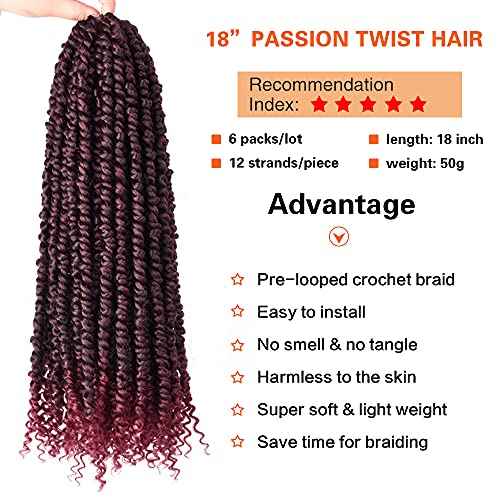 Passion Twist Crochet Hair 18inch 6packs Pre-Twisted Synthetic Long Curls 12 Roots Braiding Hair Extensions For Women (18 inch, TBUG)