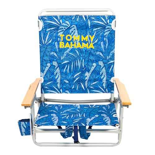 Tommy Bahama 5-Position Classic Lay Flat Backpack Beach Chair with Cooler and Cup Holder, Portable Folding Beach Chair for Tanning, Blue Tropical Leaves
