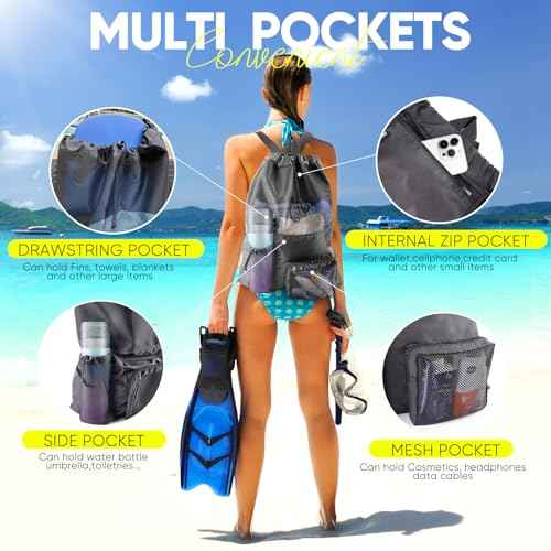 Mesh Swim Bag Beach Drawstring Backpack, Waterproof Gym Bags for Women and Men, Large Pool Bag Swimming Gear for Swimmers
