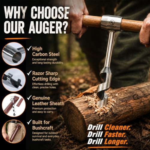 Bushcraft Hand Auger Wrench Brown - Camping & Woodworking Tool with Leather Sheath