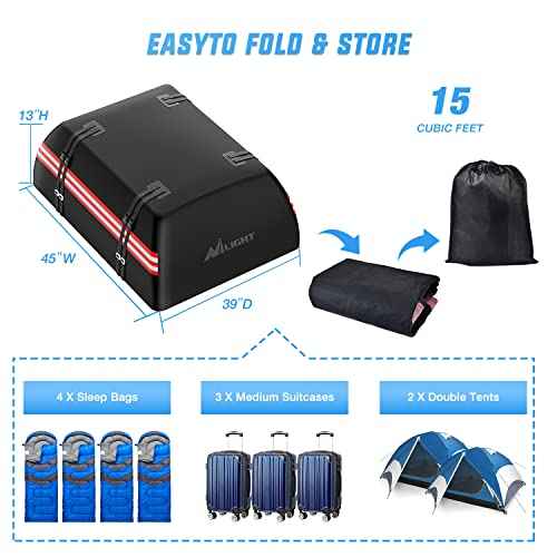 Nilight Car Roof Bag 15 Cubic Feet Waterproof Rooftop Cargo Carrier,Suitable for All Vehicle with/Without Rack - Waterproof Zip,Reflective Strip,Anti-Tear 840D PVC, with Anti-Slip Mat