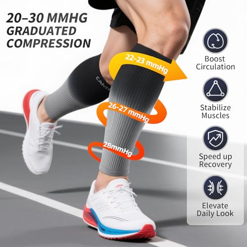 Calf Compression Sleeves 20-30mmHg Gray X-Large Leg Support for Runners & Travelers