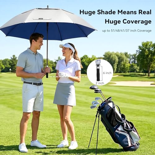 Large UV Protection Golf Umbrella with Windproof Double Canopy - Blue/Silver, 68 Inches