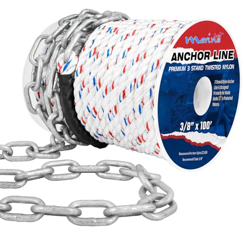 3/8 Inch x 100 Ft Nylon Anchor Line with 1/4 Inch Galvanized Chain - Marine Rope