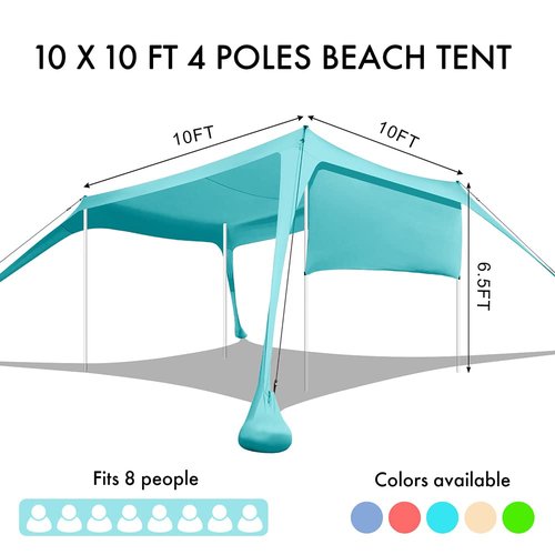 Beach Canopy Tent Shade with Sidewalls 10x10FT, 6.6FT Tall, UPF50+ Sun Shelter, Windproof & Water Resistant, Includes Guylines Sand Shovel Stability Poles, Easy Up for Beach Outdoor Camping Backyard