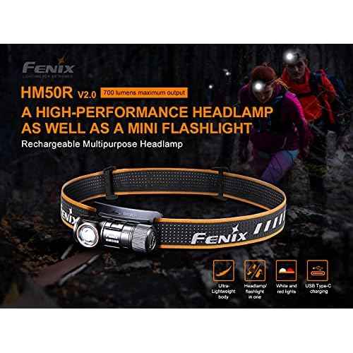 fenix HM50R v2.0 Headlamp, 700 Lumen USB-C Rechargeable Lightweight with White/Red Light, with Lumentac Organizer