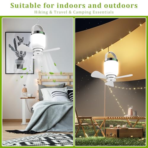 2-in-1 Camping Fan with Lantern - White, Remote Control, Rechargeable