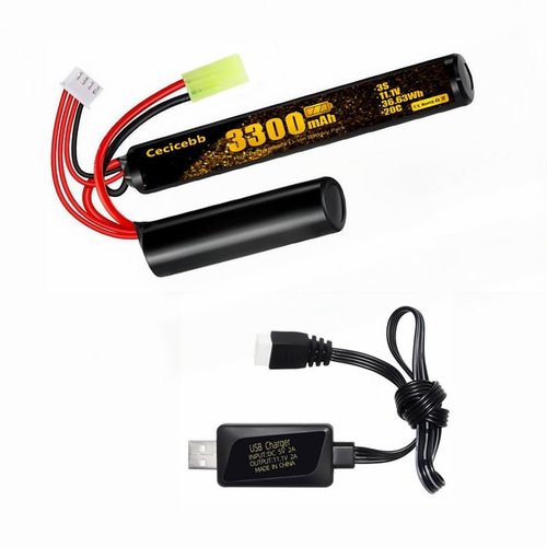 Cecicebb Airsoft Battery 11.1v 3300mAh Nunchuck Battery with Mini Tamiya Plug for aeG AK47 M4 MP5 Airsoft Model Guns Rifles 1 Pack 3S Rechargeable Stick Shape Butterfly with USB Charger