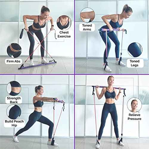Portable Pilates Bar Kit with Resistance Bands (20, 30, 40, 50 LB) - 8 Week Video Program - Premium Quality Home Equipment 3 Section Pilates Bar with Resistance Bands Full-Body