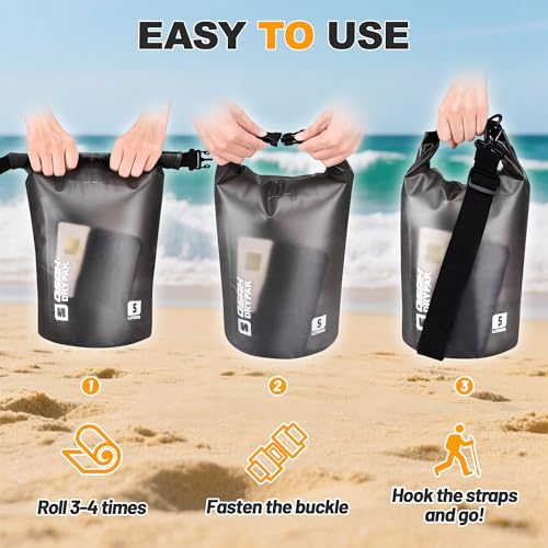 Black Clear Waterproof Dry Bag 5L Roll Top Lightweight Backpack with Phone Case