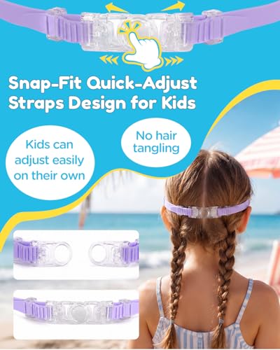 Pink Purple Kids Swim Goggles with Nose Cover, Wide View Anti-Fog UV Protection - 2 Pack