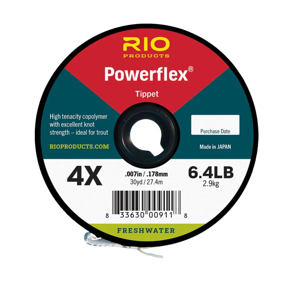 RIO PRODUCTS Powerflex Tippet, Freshwater Fly Fishing Trout Tippet, Superb Knot Strength, Stretch, and Suppleness, 30yd Spools, 3 Pack, 6.4, 5.0,3.4lb, 4X - 6X