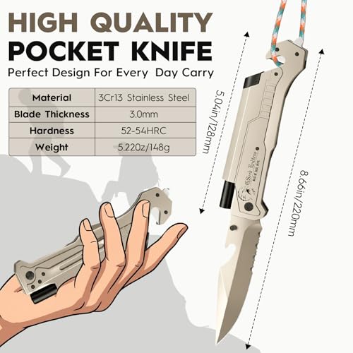 7-in-1 Multitool Folding Pocket Knife with LED Light Titanium Silver - Emergency Survival Tool for Camping, Hiking, Car Escape