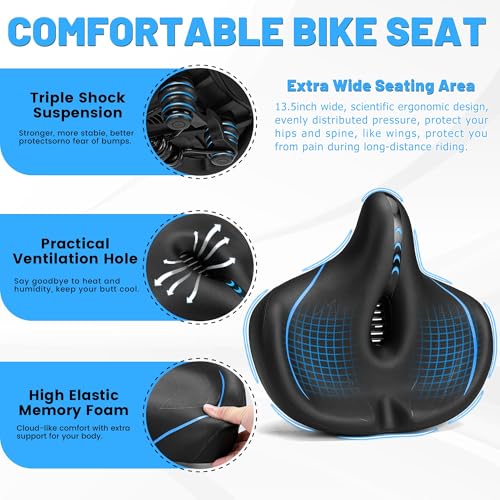 Oversized Bike Seat for Men & Women Comfort Wide Padded Saddle Blue Variation