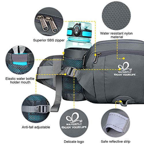 WATERFLY Fanny Pack Waist Bag with 2 Water Bottle Holders, 6-Pockets for Hiking - Gray