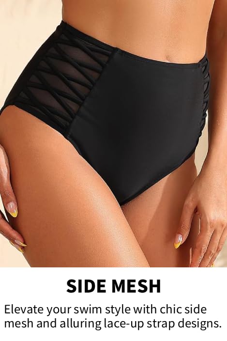 Women High Waisted Bikini Bottom Tummy Control Swim Bottom Side Mesh Large Black