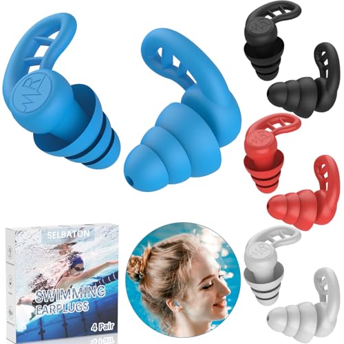 Reusable Colorful Waterproof Swimming Ear Plugs for Adults - Black Blue Red White, 4 Pairs