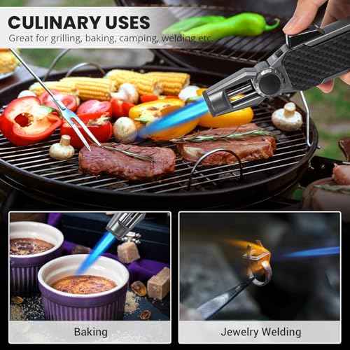 Butane Torch Lighter, Refillable Gas Lighter Cooking Torch, Adjustable Kitchen Torch with Safety Lock - Windproof Jet Flame Blue Fire for Camping Baking BBQ Grill Candle (Gas Not Included)