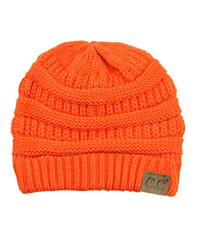 Unisex Neon Orange Cable Knit Beanie Hat - Warm Chunky Soft Stretch Winter Accessory