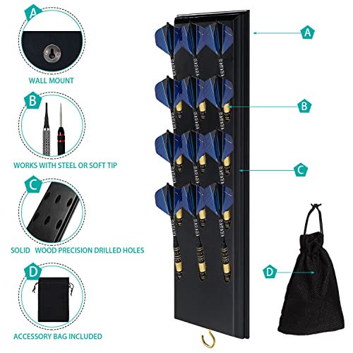Wall Mounted Darts Holder with 12 Steel/Soft Tip Dart Display and Accessory Storage - Black