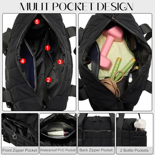 Small Gym Bag for Women with Yoga Mat Holder - Black, Puffy Sports Duffle