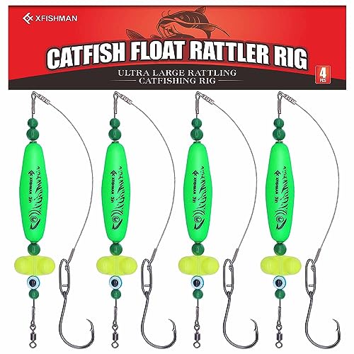 Green 4 Pack Catfish Rig with Rattler Floats for Bank Fishing - 3 Inch