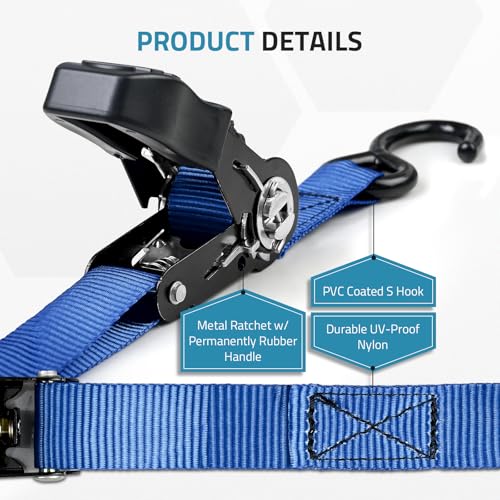 Manual Boat Trailer Tie-Down Straps 1in x 4ft, 2400 lbs Adjustable Marine Ratchet with Quick Release & Anti-Scratch Hooks - Pair