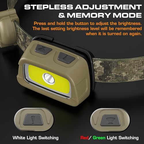 Camo Rechargeable Headlamp with Red, Green & White Light - 350LM, 7 Modes
