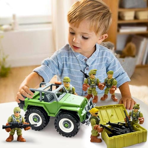 Green Army Men Soldiers Toy Set with Car and Weapons - 16 Pieces