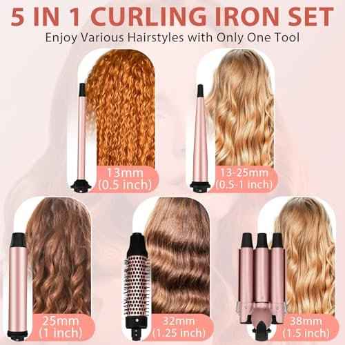 5 in 1 Curling Wand Set, 3 Barrel Curling Iron Set with 1.5" Thermal Brush and 4 Interchangeable Ceramic Curling Wand (0.5-1.25"), Fast Heating Hair Curler, Dual Voltage, Include Comb & Glove & Clips