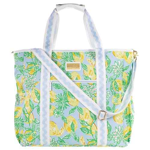 Lilly Pulitzer Yellow Picnic and Beach Cooler, Insulated Bag with Adjustable Shoulder Strap and Zipper, Large Soft Cooler for Groceries or Travel, Make Lemonade