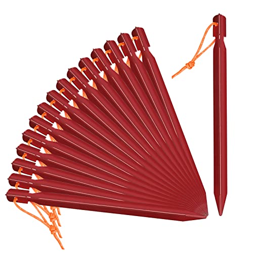 Grassman Tent Stakes 16 Pack - 9 Inch Heavy Duty Aluminum Ground Pegs with Reflective Ropes - Red Variation
