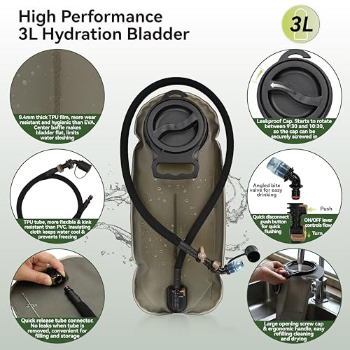 Black Tactical Hydration Pack Backpack with 3L Water Bladder