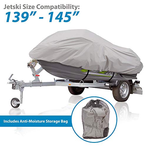 Pyle Waterproof Heavy Duty Jet ski Cover - 139¡¯¡¯ - 145¡¯¡¯ Inch Resistant Watercraft Storage Cover with Adjustable Strap & Elastic Cord for Tight Custom Fit - Marine Grade Protection PCVJS14 , Gray